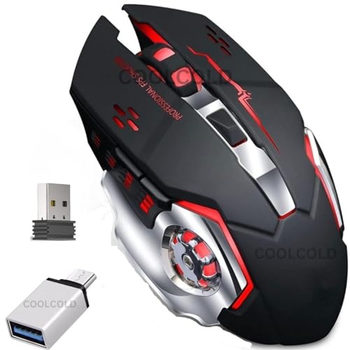 Image of COOLCOLD Wireless Gaming Mouse - Rechargeable RGB with Type-C OTG Dongle, 2.4 GHz 2400 DPI, 6-Button, 4-Color Breathing Lights, 10 m Range (Black)