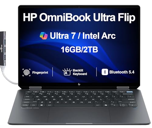 Image of HP OmniBook Ultra Flip 2-in-1 Laptop 14.0 inch Touchscreen 2.8K Display | Intel Ultra 7-256V, 16GB LPDDR5, 2TB PCIe SSD, Backlit KB, Fingerprint, 2 Thunderbolt 4, Win 11 Pro W /DKZ USB Port Expander