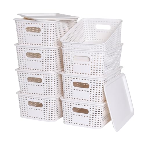 Plastic Storage Baskets with Lid-Plastic Storage Containers Stackable Storage bins: Storage Baskets for Organizing Shelves Drawers Desktop Closet Playroom Classroom Office,8 Pack-White10.2x7.2x4.1Inch by Ohmlove - Used condition - US$31.18