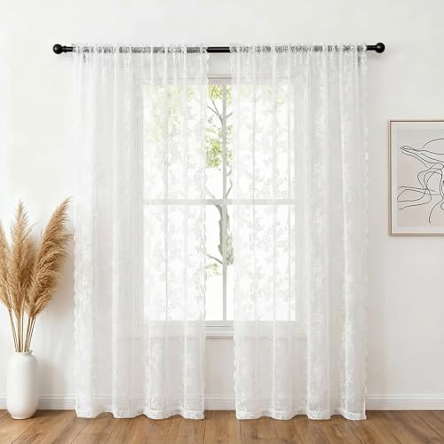 NAKIHOUSE Lot de 2 rideaux en voile en dentelle pour fenêtres de 160 cm, rideaux transparents élégants filtrant la lumière pour chambre à coucher, salon,...