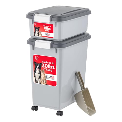 IRIS USA Dog Food Storage Container, 30 lbs & 11 lbs Combo, Cat Food Storage Container, Dog Treat Container, Airtight, Stackable, 2-Cup Scoop, Wheels, Easy Mobility, Gray