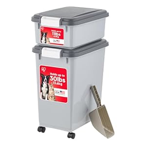 IRIS USA Dog Food Storage Container, 30 lbs & 11 lbs Combo, Cat Food Storage Container, Dog Treat Container, Airtight, Stackable, 2-Cup Scoop, Wheels, Easy Mobility, Gray