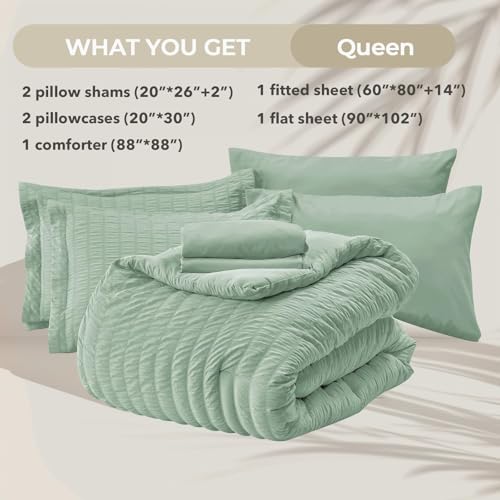 Image of HYMOKEGE Sage Green Queen Comforter Set Seersucker 7 Pieces, All Season Luxury Bed in a Bag for Bedroom, Bedding Set with Comforters, Sheets, Pillowcases & Shams