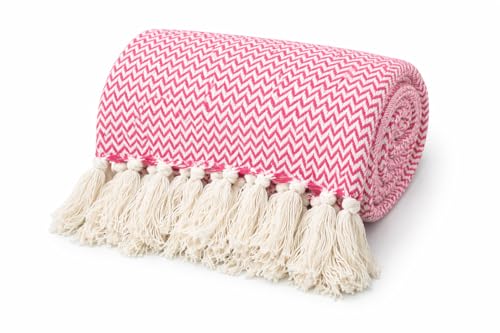 Image of Chevron 60x50 Inch Reversible Cotton Throw Blanket with Tassels| Blanket for Living Room, Sofa, Bed, Chair, Picnic & Used for Gift | Pink Narrow Chevron, Size 150x125 cm