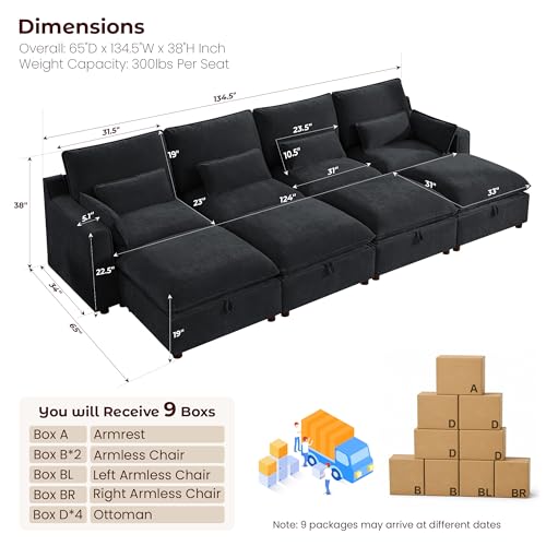 Image of WorthFurni Modern Modular Sectional Sofa,134 inch Sleeper Sofa Bed Sectional Cloud Couch with Storage Ottoman,Comfty 8 Seat Sofa for Living Room,Black Chenille