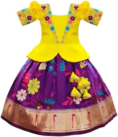 White Button Satin New South Indian Traditional Collar Digital Pattu Pavadai Readymade Lehenga Choli For Girl's Dress