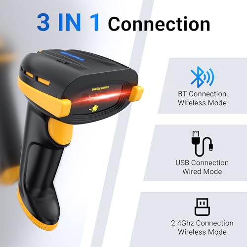 Image of Tera Pro Barcode Scanner with Power Switch Battery Level Indicator 4400mAh Replaceable Battery Wall Mountable Stand 1D 2D QR Works with Bluetooth 2.4G Wireless USB Wired Bar Code Reader D6100 Yellow