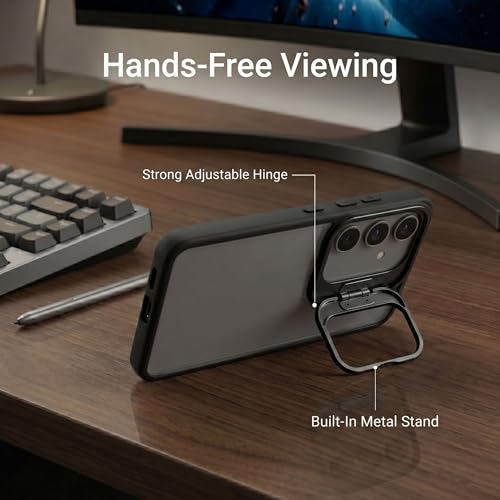 Image of amazon basics Frosted Matte Case for Samsung Galaxy A55 5G | Built-in Flip-Out Camera Lens Stand | Translucent Back with Contrast Black Bumper | Shockproof Protective Cover with Foldable Kickstand