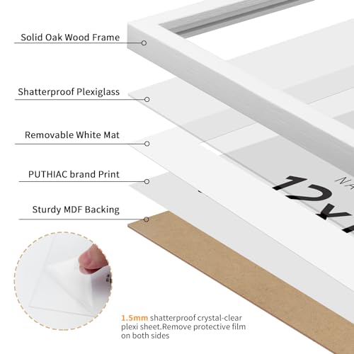 puthiac 12x18 White Oak Wood Picture Frame - Minimalist 12x18 Poster Frame, 12"x18" Picture Frame Wood, Natural Solid Wooden Picture Frames for Wall Art Photo and Prints (1 Pack, White)