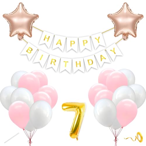 Image of Flyloons 7th Happy Birthday Decoration Kit Pink White for Boys Girls Kids Twins Men Women With 20 Pcs Pastel Balloons Birthday Banner 2 Pcs Star Items Set