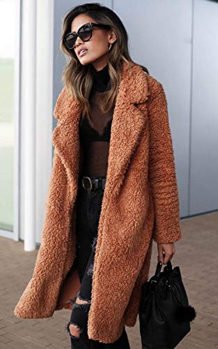 Angashion Women's Fuzzy Fleece Lapel Open Front Long Cardigan Coat Faux Fur Warm Winter Outwear Jackets Caramel S #TOP1