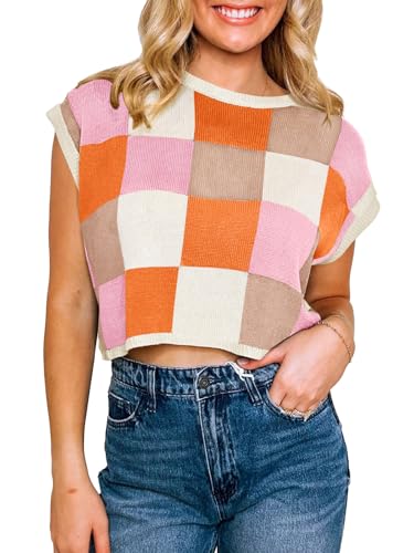 Image of Saodimallsu Womens Cap Sleeve Crop Tops Summer Color Block Going Out Crew Neck Knit Trendy Casual Sweater