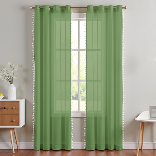 HOMEMONDE Border Pom Pom Sheer Grommet Curtains 6 Feet - Window Transparent Cotton Curtain for Living Room, Bedroom, Office Decoration, Set of 2, Mint Green