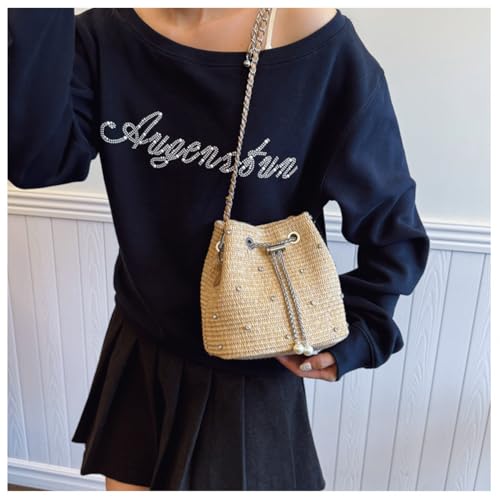 Pearl Straw Bucket Purse for Women Summer Vacation Crossbody Purses Beach Bag Beaded Rhinestone Handbag3