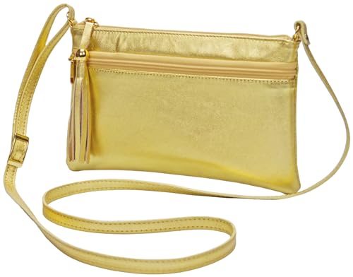 Bolsa Feminina Transversal Dourada Couro Legítimo Brilho (Dourada)