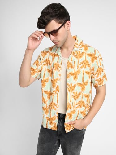 Image of Dennis Lingo Men's Rayon White Printed Relaxed Fit Cuban Collar Half Sleeve Casual Shirt