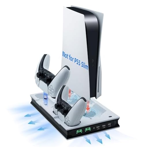 Mcbazel Vertikaler Ladeständer für PS5 UHD/Digitial Edition Konsole, multifunktionaler LED-Kühlständer mit Dual-Controller-Steckplatz, weiß/schwarz (Nicht für PS5 Slim)