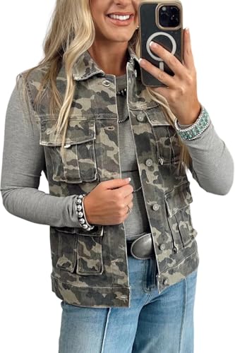 Maketina Womens Camo Denim Vest Sleeveless Button Down Jacket with Pockets
