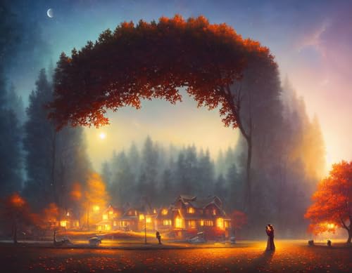 Paysage de ville de nuit de lune d'automne pour sublimer un salon contemporain