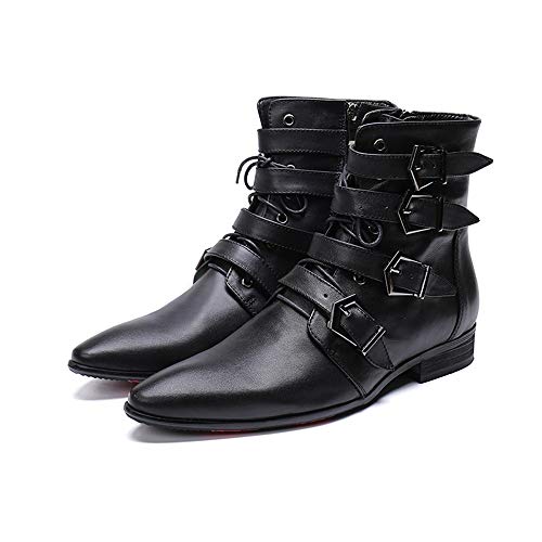 Image of Rui Landed Ankle Boots for Men Pointed Toe Plain Genuine Leather Monk Strap Lace Up Style Block Heel Metal Inner Zippers High Top Shoes