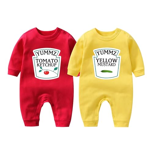 Image of YSCULBUTOL Baby Twins Bodysuit Yummz Tomato Ketchup Mustard Twin Set Infant Girls Romper Baby Boys Outfits (KM-S12M Twins)