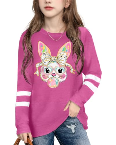 Image of LAZYCHILD Kids Easter Shirt Girls Happy Easter Shirts Rabbit Graphic Long Sleeve Striped Tee Tops 5-14 Years
