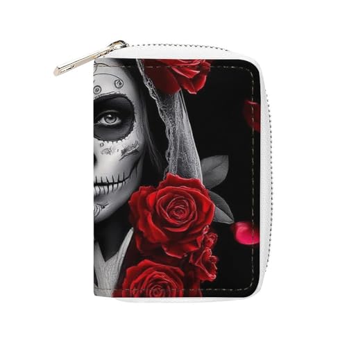 Men Women Credit Card Wallet with 20 Slots, Pu Leather Card Holder Organizer Bag Red Rose Mexican Sugar Skull Women Day of The Dead Art Zipper Slim Wallet