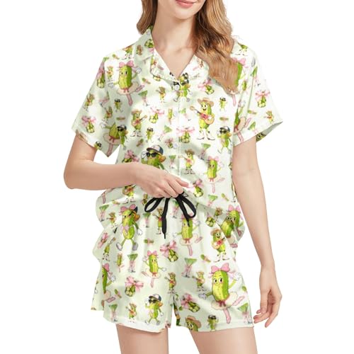 Image of Silk Satin Pajama Set for Women Summer Lounge Pjs Sets 2 Piece Suit Ladies Button Down Tops And Shorts Sleepwear