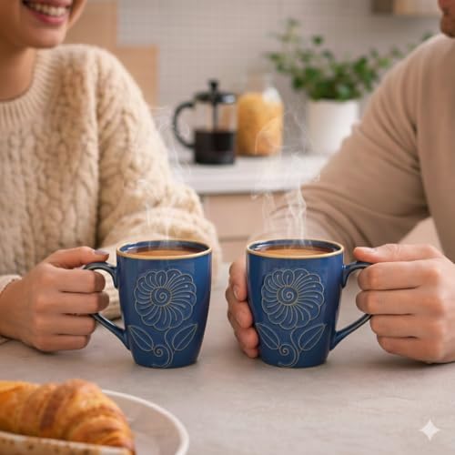Image of KITTENS Handcrafted Blue Floral Ceramic Coffee Mugs Set of 2 - 330 ml Studio Finish Tea & Coffee Cups, Microwave & Dishwasher Safe - Premium Gift for Housewarming & Special Occasions