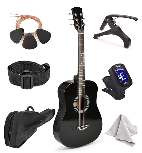 MasterPlay Akustikgitarre für Linkshänder, 76,2 cm (30 Zoll) Anfängergitarre für Lerner, akustisches Saiten-Starter-Set: Gitarrentasche, Stimmgerät, Gurt, zusätzliche Saiten, Plektren, Waschlappen