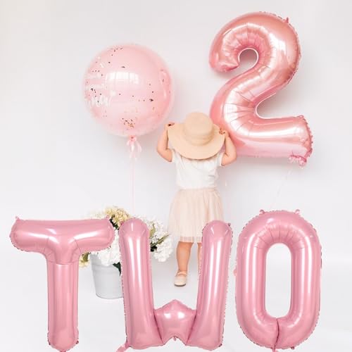 Image of 40 Inch Pastel Pink TWO Letter Balloons, Light Pink TWO Balloon Letters with Ribbon, Pearl Pink Alphabet TWO Balloon for Kid Girls 2 Year Old Birthday Second 2nd Anniversary Party Decorations