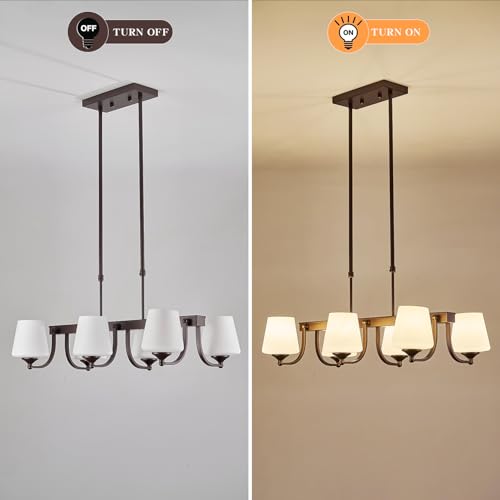 Image of Dining Room Light Fixture Chandelier Over Table,6 Light Kitchen Island Lighting Hanging for Farmhouse Linear Chandeliers Oil Rubbed Bronze Rustic Ceiling Pendant Light with Frosted Glass Shade