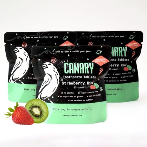 Canary Toothpaste Tablets Strawberry Kiwi - Chewable Nano-Hydroxyapatite Teeth Cleaning Tablet - No Fluoride, Great for Travel, Zero Waste 189 Count
