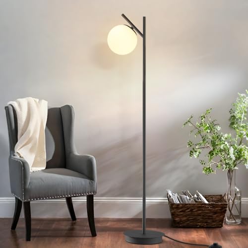 Image of Modern Floor Lamp for Living Room Retro Vintage Tall Standing Lamp Mid Century Black Freestanding Lamp Contemporary Glass Floor Lamps for Bedroom Office Hotel
