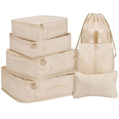 Image of 7pcs Set Travel Organizer Packing Cubes Lightweight Travel Luggage Organizers with Laundry Bag or Toiletry Bag Laundry Organiser. (Cream)