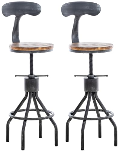CLP Lot de 2 tabourets de Bar Hanam au Design Industriel I Chaise de Bar métallique réglable en Hauteur avec Assise et Dossier en Bois, Couleur:Argent Antique