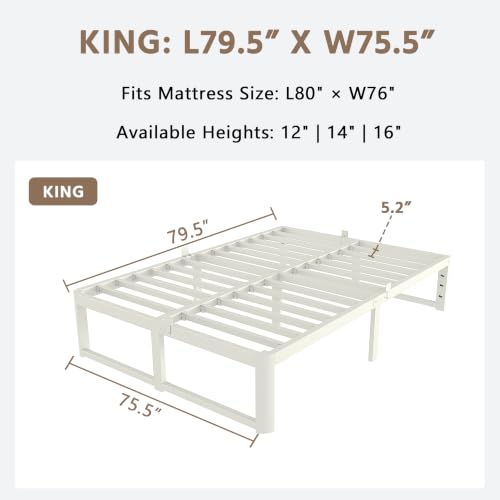 Image of ZTH King Size Metal Platform Bed Frame 16 in, No Box Spring Needed, White | Heavy duty support, Underbed storage, Noise-free design, Anti-slip clips, Rounded legs, Easy assembly, Headboard compatible
