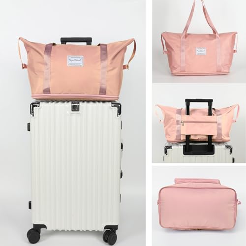 Foldable Travel Duffle Bag, Waterproof Weekender Carry On Tote Bags for Women Men, Sport Gym Hospital Bag for Labor Delivery, Handheld Luggage Bag with Trolley Sleeve, Pink,1 pack - Image 2