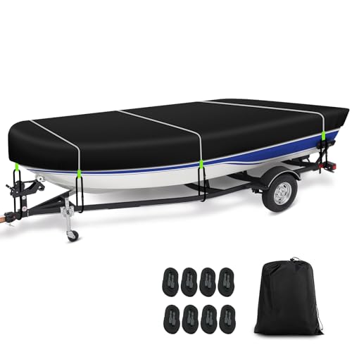 SILIVN 900D Heavy Duty Jon Boat Cover 12-14 ft Waterproof with 8 Pcs Windproof Straps Premium Protection Essential Jon Boat Accessories for Flat-Bottom Boats with Beam Width up to 70 inches