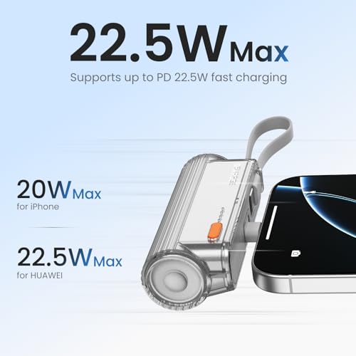 Image of sharge Flow Mini 2 Portable Charger with Built-in Cable 22.5W Max Power Bank for Travel, Fast Charging Battery Pack with iOS and USB-C Connector for iPhone 17 /16 /15 /14, Galaxy, Google Pixel, and More