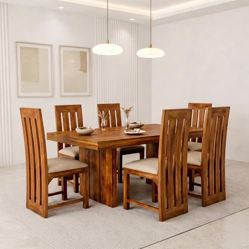 SONA ART & CRAFTS Poster Sheesham Wood Dining Table Set 6 Seater Dinner Dinning Table with Jute Cushion 6 Chair for Dining Furniture for Living Room H