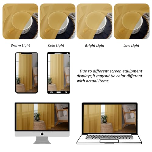 Image of Chyhomenyc Sheer Valances for Windows 2 Pack, Small Window Curtains for Living Room Bathroom, Modern Top Dual Rod Pocket Voile Basement Curtains, 42W x 14L inches, Gold