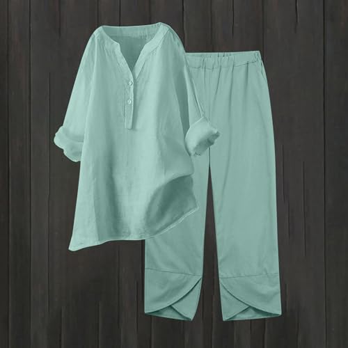 Generic Women's Two Piece Summer Cotton Linen Outfits Casual Button Up Long Sleeve Top and Wide Leg Pants Set with Pockets2