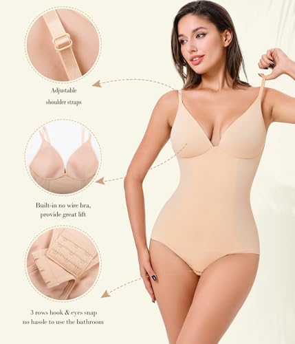 Irisnaya Women's Plunge Deep V Neck Bodysuits with Built in Bra Sleeveless Double Lined Body Suits Tops2