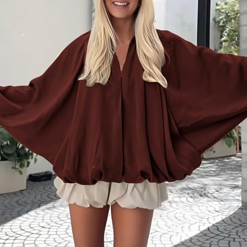 Women's Puffed Bomber Jacket Oversized Blouse with Lapel Collar Zipper Batwing Long Sleeves Casual Loose Fit Tops3