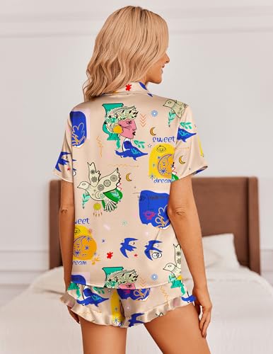 Image of Ekouaer Womens Satin Pajamas Set Button Down 2 Piece Silk Pjs Shorts Set Ruffle Lingerie Notch Collar Sleepwear