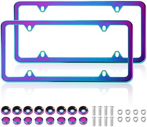 Iridescent License Plate Frame, 2 Pack Stainless Steel Mirror Polish Treatment, Universal US Car License Plate Bracket Holder, 4 Holes Theft Design, Rustproof Weatherproof(with mounting Fittings).
