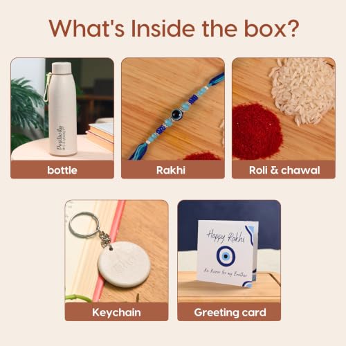 Image of Eha Earth Friendly Rakshabandhan Gift Made with Rice Husk| 600 ml, Set of 1 | Printed Bottle, Rakhi, Keychain, Roli Chawal and Card| Rakhi bottle gift for brother | Rakhi Hamper