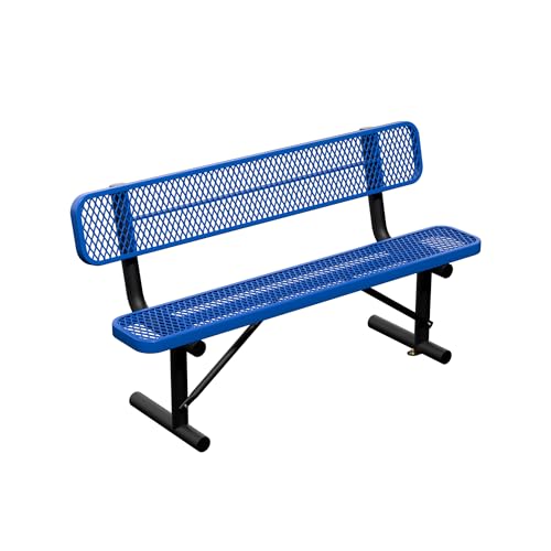 Image of 6FT Outdoor Metal Bench Park Benches for Outside, Blue Heavy Duty Long Steel Bench with Back, Commercial Garden Bench Expanded Metal Bench Seat for Lawn, Park, Deck, Garden, Patio, Porch