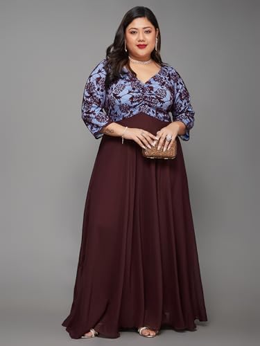 Image of Miss Chase A+ Women's Floral Printed Relaxed Fit V -Neck 3 /4Th Sleeve Georgette Maxi Dress